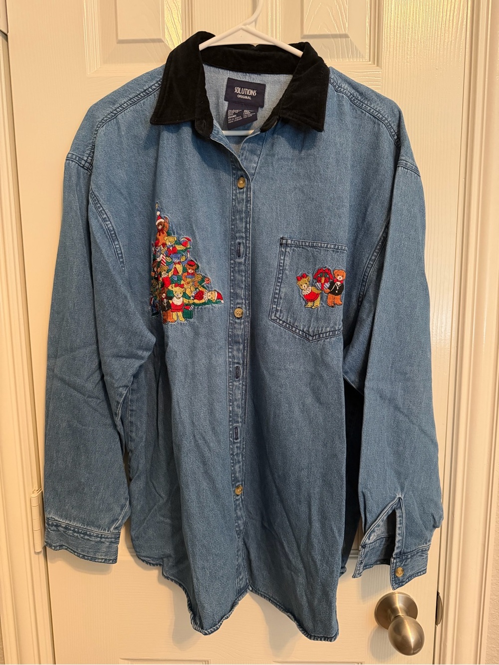 Vintage Solutions Original Christmas Teddy Bear Embroidered Denim Shirt L